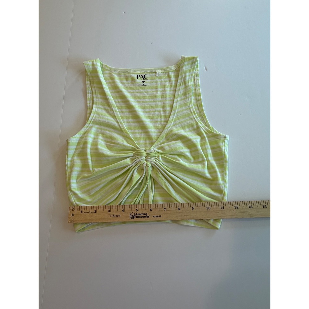 PacCares Eco Lime Green White Striped Ruched Tie Front Crop Tank Top Small - Picture 3 of 6